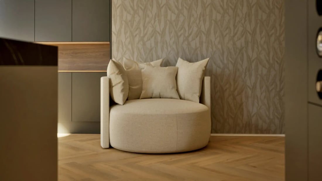Render uit Unlit: ronde fauteuil in naturel bouclé met sierkussens op een visgraatvloer, voor een wand met bladpatroon
