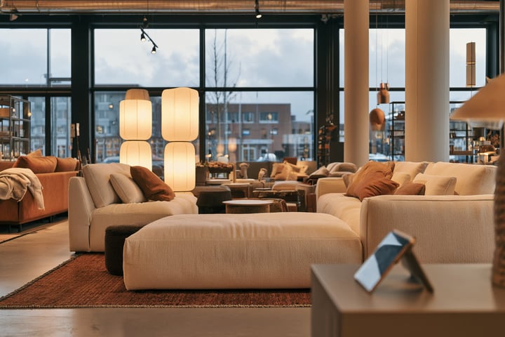 Nederlandse woonwinkel met banken, lampen en accessoires